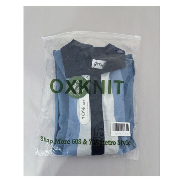 Oxknit Mens 60s Vertical Stripe Short Sleeve Knit Button Polo Mens XL Blue New - Picture 9 of 9